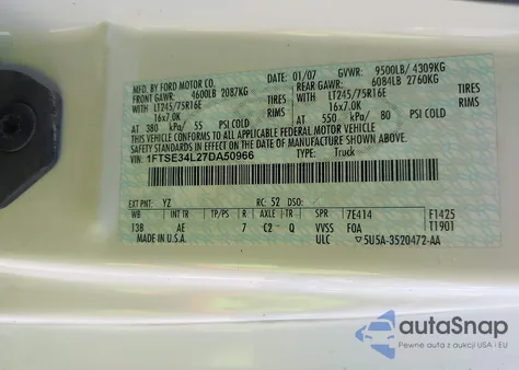 2007 Ford E-350 Super Duty Commercial/Recreational z USA, uszkodzony, nr VIN 1FTSE34L27DA50966